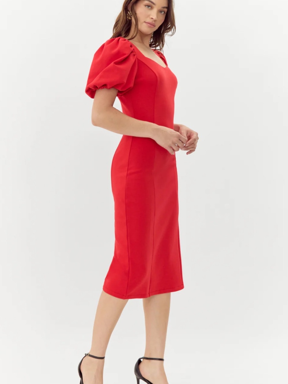 Adelyn Rae Jenna Puff-Sleeve Midi Dress